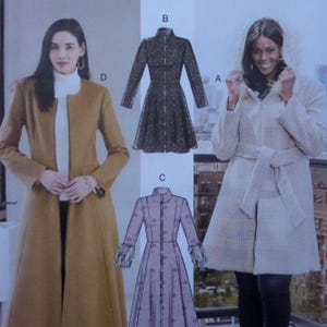 May include: Image of a sewing pattern featuring three coat designs. One is a long, tan coat with a collarless design. Another is a black, fitted coat with a flared skirt. The third is a light purple coat with fur cuffs.