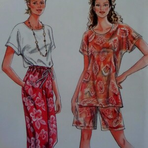 May include: A fashion illustration showing two outfits. The first features a white short-sleeved top with a long beaded necklace and red floral print pants. The second features an orange short-sleeved top and matching shorts with a patterned design.