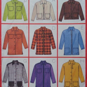 May include: A sewing pattern illustration featuring nine jacket designs labeled A through I. The jackets vary in color, including lime green, beige, brown, orange, plaid, blue, black and white checkered, purple, and yellow, with button or zipper closures.