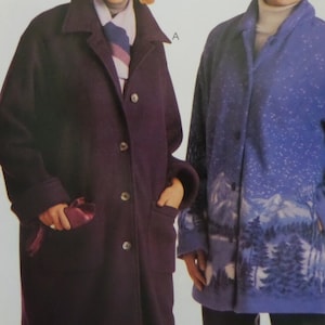 May include: Two long coats are displayed. The coat on the left is a deep purple with a classic collar and button closure. The coat on the right is blue with a mountain and starry night design. Both coats have pockets.