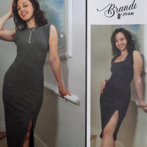 May include: Two images of a woman wearing a dark gray sleeveless dress with a thigh-high slit. One dress has a zipper detail, the other has a square neckline. The text "Brandi Joan" is visible in the upper right corner.