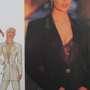 May include: A black blazer with a satin lapel and a single button closure, worn over a dark camisole. To the left, a fashion illustration shows a light-colored blazer and pants set with a textured top, featuring a single button and pocket details.