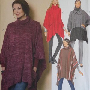 May include: Image of a woman wearing a burgundy poncho with a turtleneck and pockets. The image also shows three other poncho designs: a red poncho, a gray poncho, and a brown poncho with stripes. All ponchos have a turtleneck design.