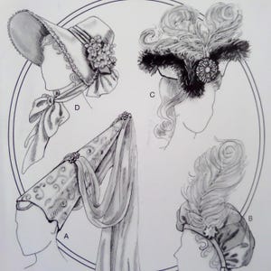May include: A black and white line drawing illustration featuring four distinct headpieces labeled A, B, C, and D. Item A is a tall conical headdress with a long flowing veil. Item B is a rounded cap with a large upright feather. Item C is an ornate headpiece with dark plumes and a central rosette. Item D is a wide-brimmed bonnet with floral accents and a tied ribbon chin strap.