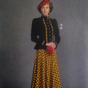 May include: A vintage ensemble featuring a black jacket with gold trim and buttons, paired with a yellow and black plaid skirt. The outfit is completed with a red beret and gloves, creating a classic, elegant look.