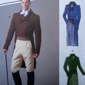 May include: A vintage sewing pattern featuring a man in a brown double-breasted tailcoat, cream-colored breeches, and black boots. Additional illustrations show a blue and a green tailcoat. The pattern is for historical clothing.