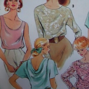 May include: A sewing pattern illustration featuring various garments including a pink sleeveless top, a long-sleeved top with a white floral pattern, a light blue top with a draped back, and a pink long-sleeved top with a textured lace-like pattern.