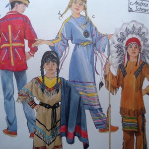 May include: Illustration of children in Native American-inspired costumes. The costumes include a red jacket with a yellow cross design, a blue dress with pink and yellow stripes, and a tan outfit with a feathered headdress. The image is a pattern design.