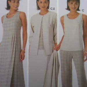May include: A sewing pattern illustration featuring three garment variations in light gray. The first is a sleeveless dress with a pleated front. The second is a jacket, top, and skirt set. The third is a sleeveless top paired with matching trousers.