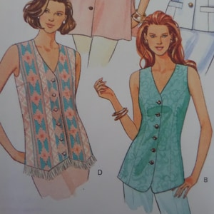May include: A sewing pattern illustration featuring two sleeveless vests. The left vest has a pink and teal geometric pattern with a fringed hem. The right vest is solid teal with a subtle swirling pattern. Both vests have a V-neck and five buttons.