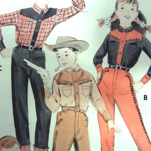 May include: Illustration of three children in Western-style outfits. One wears a red plaid shirt with black accents and dark pants. Another is in a tan shirt with fringe and a cowboy hat. The third is in a black and orange outfit.