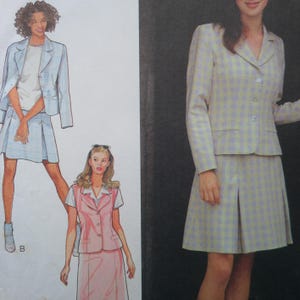 May include: Image of a fashion illustration featuring three women's suit designs. The suits include a light blue skirt suit, a plaid skirt suit, and a pink skirt suit. The suits have a blazer or vest and a skirt. The image is a fashion illustration.