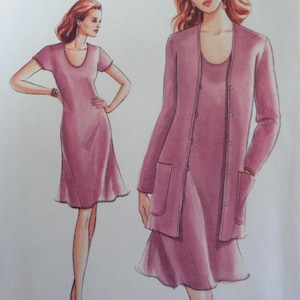May include: Illustration of a pink dress with a matching long-sleeved jacket. The dress has a scoop neckline and short sleeves. The jacket has a button-up front and pockets. The design is a classic, feminine style.