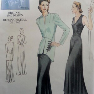 May include: A sewing pattern envelope featuring a 1940 design. The illustration shows a long-sleeved light green jacket with a leaf motif over a black floor-length skirt, and a sleeveless black V-neck gown with side ruching. Text reads Vintage Model.
