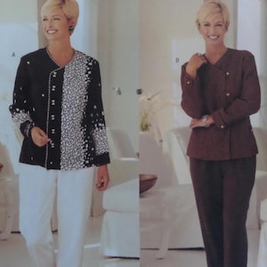 May include: Two-piece outfits. One outfit features a black jacket with white floral print and white pants. The other outfit is a brown jacket and pants. Both jackets have long sleeves and buttons. The outfits are suitable for business or casual wear.