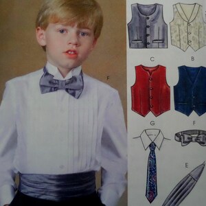 May include: A white pleated dress shirt with a grey bow tie and a matching grey cummerbund. The image includes illustrations of various vests in grey, cream, red, and blue, along with a patterned necktie and a grey bow tie labeled with letters.