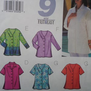 May include: A sewing pattern featuring various blouse designs. The pattern includes long-sleeved and short-sleeved options in different colors and patterns, such as green with blue accents, purple, pink, teal with floral prints, and orange. The text "Fast & Easy" is also visible.