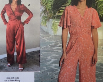 Wide Leg Jumpsuit Pattern: Know Me 2008, Womens Sizes, Uncut, V-Neck, Invisible Zip, Flutter Sleeve, Plus Sewing Patterns, WhiletheCatNaps