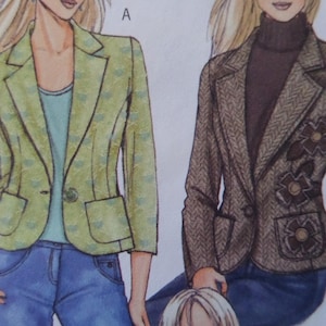 May include: Image of a sewing pattern featuring two blazer designs. One is a light green blazer with a floral pattern, and the other is a brown tweed blazer with floral embellishments. Both are shown with blue jeans.