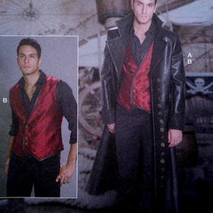 May include: A long black leather coat with a high collar and a double row of buttons, worn over a dark shirt and a deep red vest with gold buttons. The ensemble includes a matching red vest and dark shirt shown separately, labeled with the letter B.