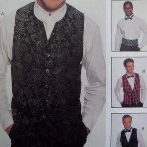 May include: A sewing pattern envelope featuring a black vest with a tonal damask pattern, a white button-down shirt, and a band collar. Additional images show a cummerbund, a red plaid vest, and a black vest, each paired with a bow tie and shirt.