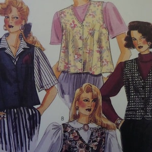 May include: A sewing pattern illustration featuring four outfits with vests. One vest is yellow with a floral print, one is dark blue, one is a black and white textured pattern, and one is a dark patterned vest worn over a white collared shirt.