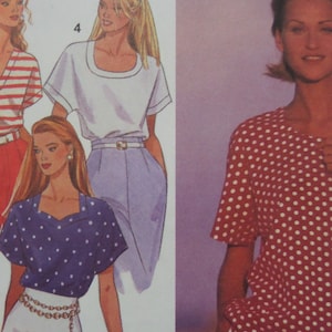 May include: A sewing pattern illustration featuring three tops with short sleeves and various necklines, including a red and white striped V-neck, a solid white scoop neck, and a navy blue polka dot square neck, alongside a red polka dot top.