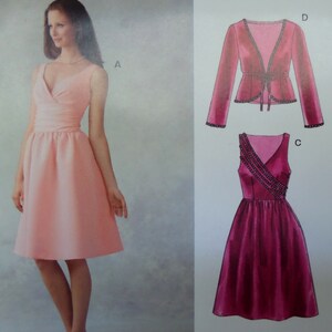 May include: A woman wearing a light pink sleeveless dress with a V-neck and a gathered waist. The image also shows illustrations of a burgundy dress with beaded accents and a matching jacket with a tie closure.