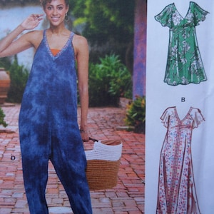 May include: A woman wearing a blue tie-dye jumpsuit with a V-neck and wide legs. The jumpsuit has a sleeveless design and is paired with a woven basket. Two dress patterns are shown, one green with white floral print and one with a floral pattern.