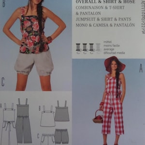 May include: A sewing pattern with illustrations of overalls, jumpsuits, and shorts. The pattern includes a floral top and shorts, a red and white checkered jumpsuit, and line drawings of the garments. Text includes "OVERALL & SHIRT & HOSE".