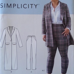 May include: A Simplicity sewing pattern featuring a woman in a gray, pink, and white plaid suit. The pattern includes line drawings of a long coat and pants. The word "SIMPLICITY" is printed at the top of the image.