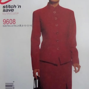 May include: A red suit with a mandarin collar jacket and matching skirt. The jacket has a row of buttons down the front. The text "stitch 'n save by McCall's" and "9608" are visible.