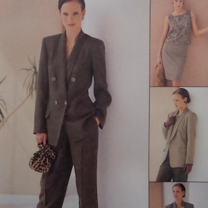 May include: A sewing pattern illustration featuring a dark charcoal double-breasted blazer with four buttons and matching trousers. The image also displays a sleeveless top with a skirt and a lighter beige blazer with dark trousers in smaller side panels.