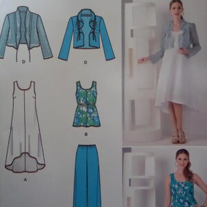 May include: A sewing pattern featuring illustrations of various women's garments. The designs include a bolero jacket, a sleeveless dress, a floral print top, and wide-leg pants. The image also shows a woman wearing a white dress and a bolero jacket.