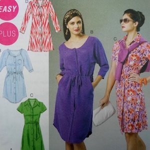 May include: Image of a fashion illustration featuring four dress designs. The dresses include a purple button-down dress with a drawstring waist, a light blue denim dress, a green collared dress, and a red and white patterned dress.