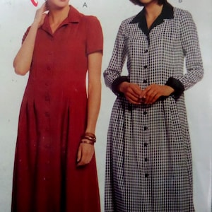 May include: Two floor-length button-down dresses. The dress on the left is solid red with short sleeves and a collar. The dress on the right features a black and white checkered pattern, long sleeves with black cuffs, and a black pointed collar.