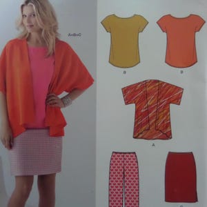 May include: A woman wearing an orange shawl over a pink top and a pink and white checkered skirt. The image also shows illustrations of clothing patterns, including tops, pants, and a skirt, in shades of orange, yellow, and red.