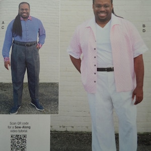 May include: Two images of a person modeling different outfits. The first outfit includes a blue button-down shirt with patterned cuffs, gray pants, and blue shoes. The second outfit features a pink patterned short-sleeve shirt, a white t-shirt, and white pants. A QR code is visible.