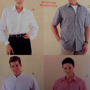 May include: A collection of four shirts: a long-sleeved white button-down shirt with a black belt, a short-sleeved white and black checkered button-down shirt, a striped button-down shirt with a mandarin collar, and a solid pink button-down shirt.
