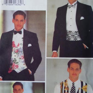 May include: A sewing pattern envelope featuring three variations of formal vests and bow ties. One vest has a floral print, another a plaid pattern, and the third a striped design with gold accents. Each is paired with a black tuxedo jacket.