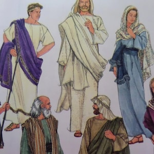 May include: Illustration of several figures in ancient Roman and biblical attire. The figures are depicted in various poses, wearing robes, togas, and head coverings in shades of white, purple, blue, and brown. Some figures are holding staffs.