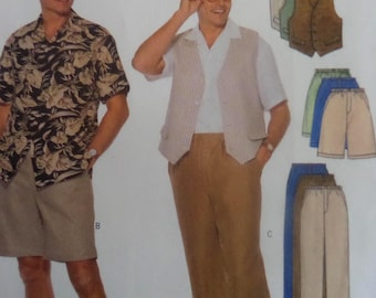 Elastic Waist Pants Pattern: Butterick 5437, Mens XS-M, Uncut, Loose Vest, Button Down Shirt, Shorts, Guys Sewing Patterns, WhiletheCatNaps