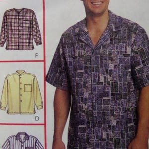 May include: A purple and gray patterned short-sleeve shirt with a collar. The image also shows shirt patterns, including a yellow long-sleeve shirt with a pocket and a plaid long-sleeve shirt.