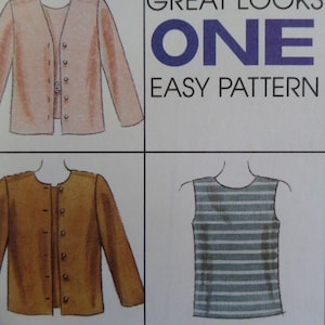 May include: Image of a sewing pattern featuring illustrations of three different garments: a light peach jacket, a mustard yellow jacket, and a striped tank top. The text "GREAT LOOKS ONE EASY PATTERN" is displayed in the upper right corner.