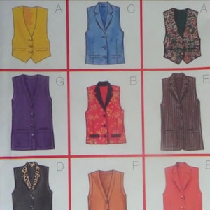 May include: A grid of nine illustrations showing various sleeveless vests in different colors and patterns, labeled with letters A, C, A, G, B, E, D, F, and E. The designs include solid yellow, blue, purple, orange, and red vests, alongside patterned options.