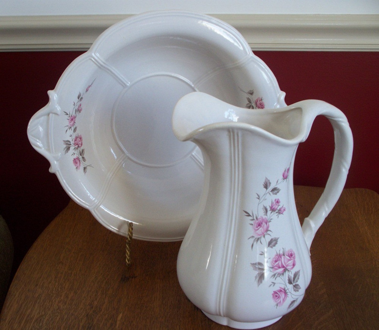 Vintage Haeger Wash Bowl and Pitcher Set 4237 with Pink Roses Etsy