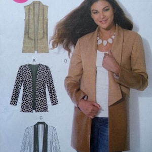 May include: A woman wearing a tan-colored long coat with brown leather sleeves. The coat has a draped collar and is open in the front. The image also shows three different jacket patterns, including a vest and two other jacket styles.