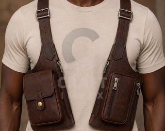May include: A dark brown leather-like chest harness bag worn over a beige t-shirt. The harness features two vertical panels with adjustable silver-tone metal buckles, a flap pocket with a snap button, and two zippered compartments for storage.