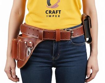 Leather Tool Belt with Phone Pouch | Unisex Work Belt for Carpenter Electrician Barber Gardener DIY