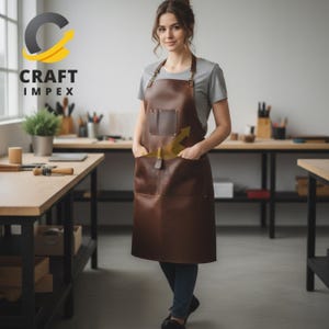 May include: A brown leather apron with pockets and adjustable straps. The apron has a rectangular pocket on the chest and two large pockets at the waist. The apron is worn by a person. The logo "CRAFT IMPEX" is in the top left corner.
